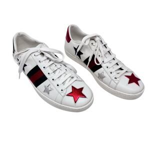 Gucci Ace Star Web Stripe Leather Sneakers 37.5 Metallic Python